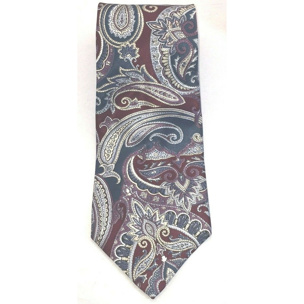 NOS Pierre Cardin Burgundy‎ Blue & Gold Paisley Silk Neck Tie 56" Length
